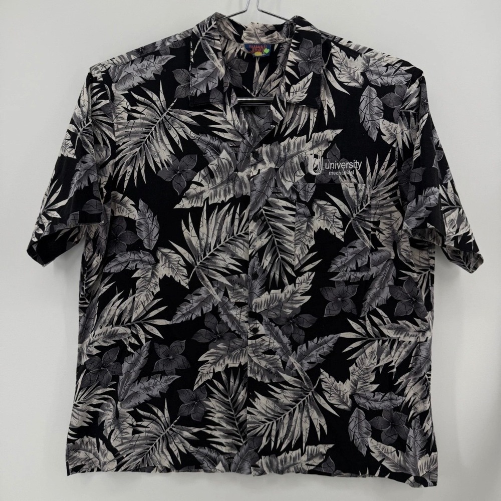 Hawaii Blues Button Down Mens XL Tropical Print Rayon Black Gray Floral 737